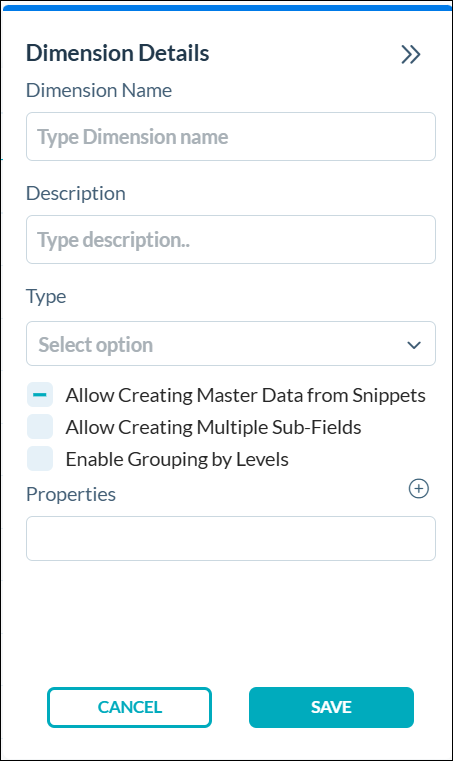 Dimension Details pane for creating a dimension