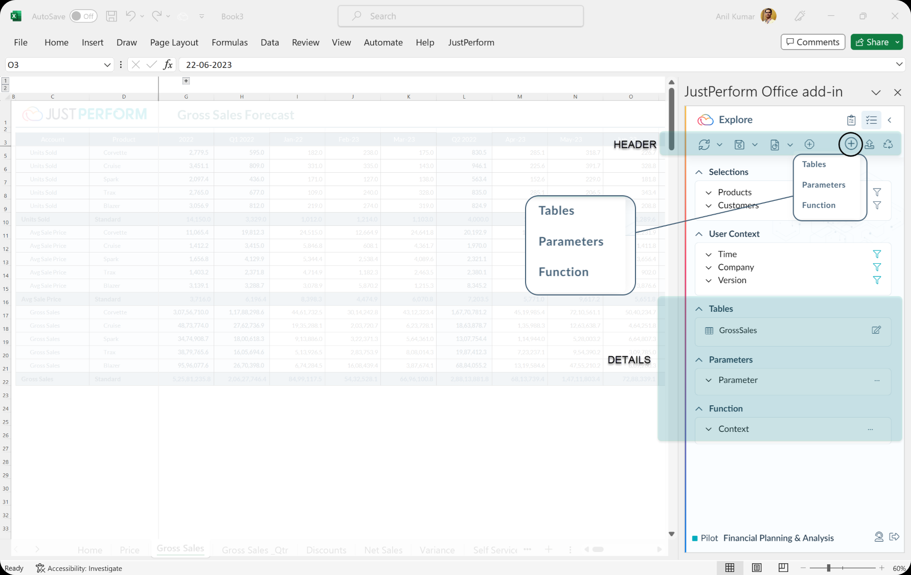Details in the Explore pane of the Financial Reporting Excel Add-in