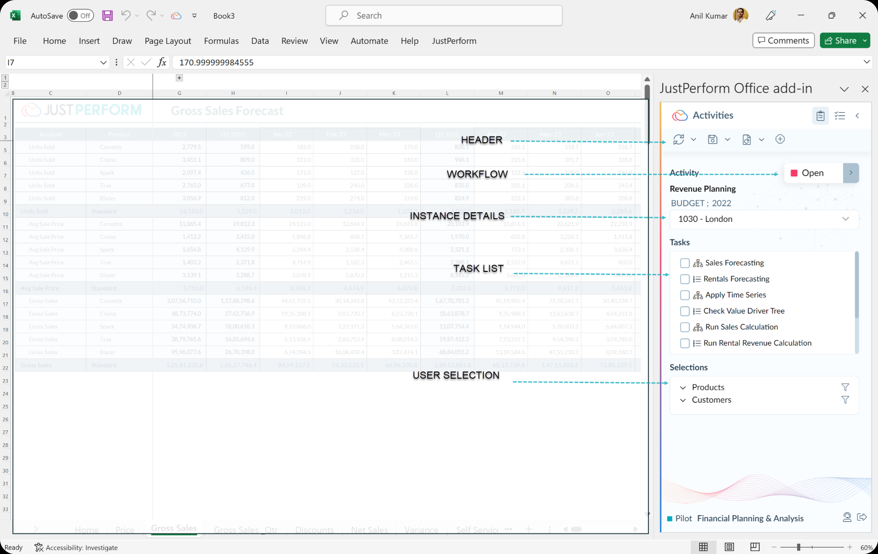 Activities pane of the Financial Reporting Excel Add-in