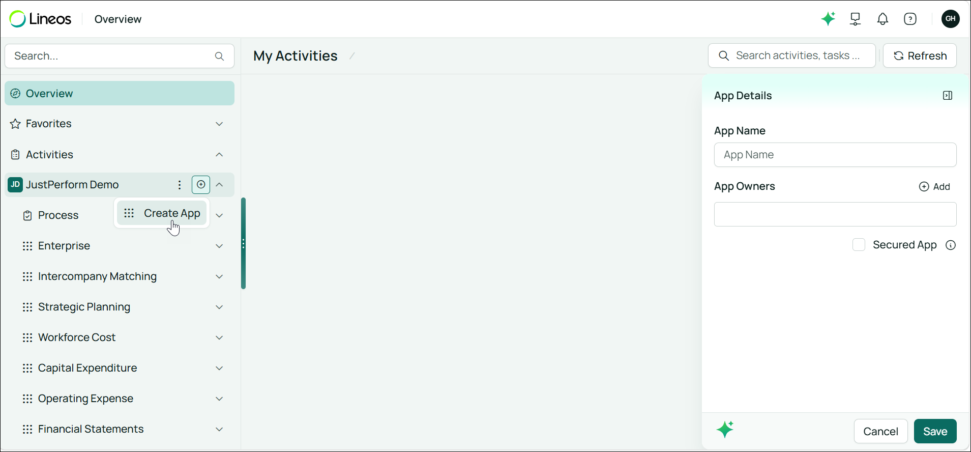 Create App from the left Explorer