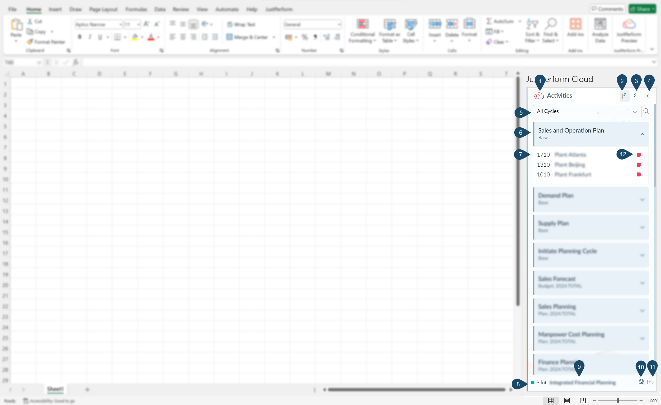 Home pane of the Financial Planning und Close & Consolidation Excel Add-in