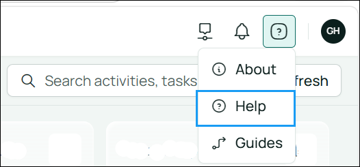 Image of the Help icon with dropdown within the platform