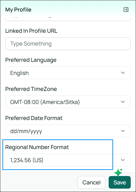 Regional Number Format option in My Profile