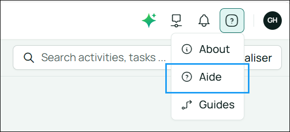 Image of the Help icon with dropdown within the platform