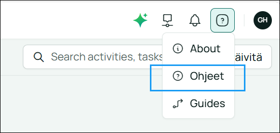 Image of the Help icon with dropdown within the platform