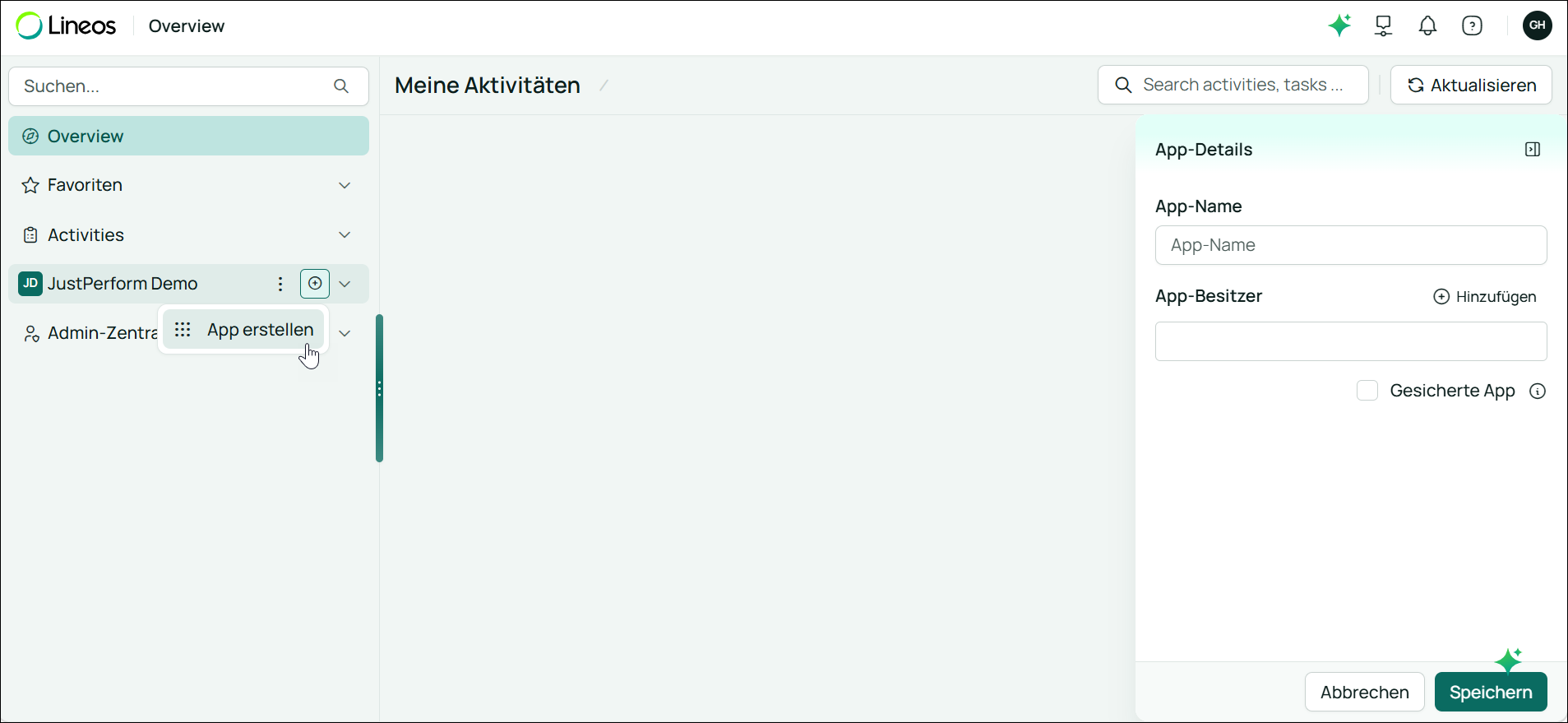 Create App from the left Explorer
